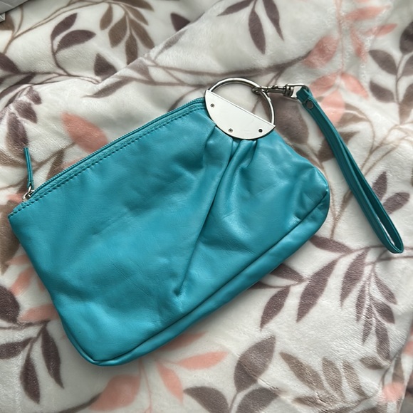 Turquoise Coin Pouch (Vinyl type Material) Interior has a zipper pouch area - Picture 7 of 11